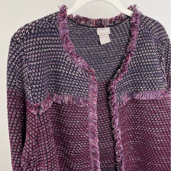 Chicos Marled Fringe Cardigan Sweater Purple Colorblock Metallic Knit Jacket XL - Picture 6 of 12